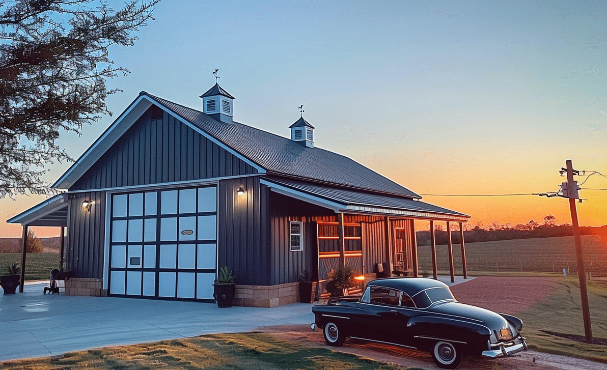 Rustic Barndominium near car under vibrant sunset glow in the countryside.