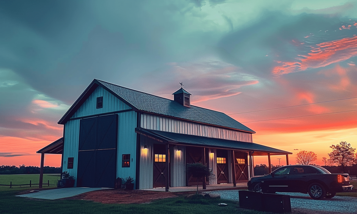 Rustic country barndominium adjacent to a parked car during a scenic sunset.