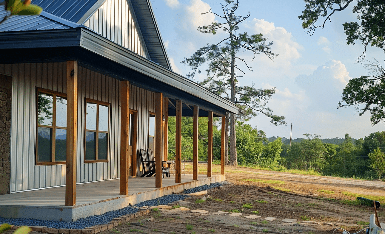 Rural barndominium with a scenic countryside view from the front porch.