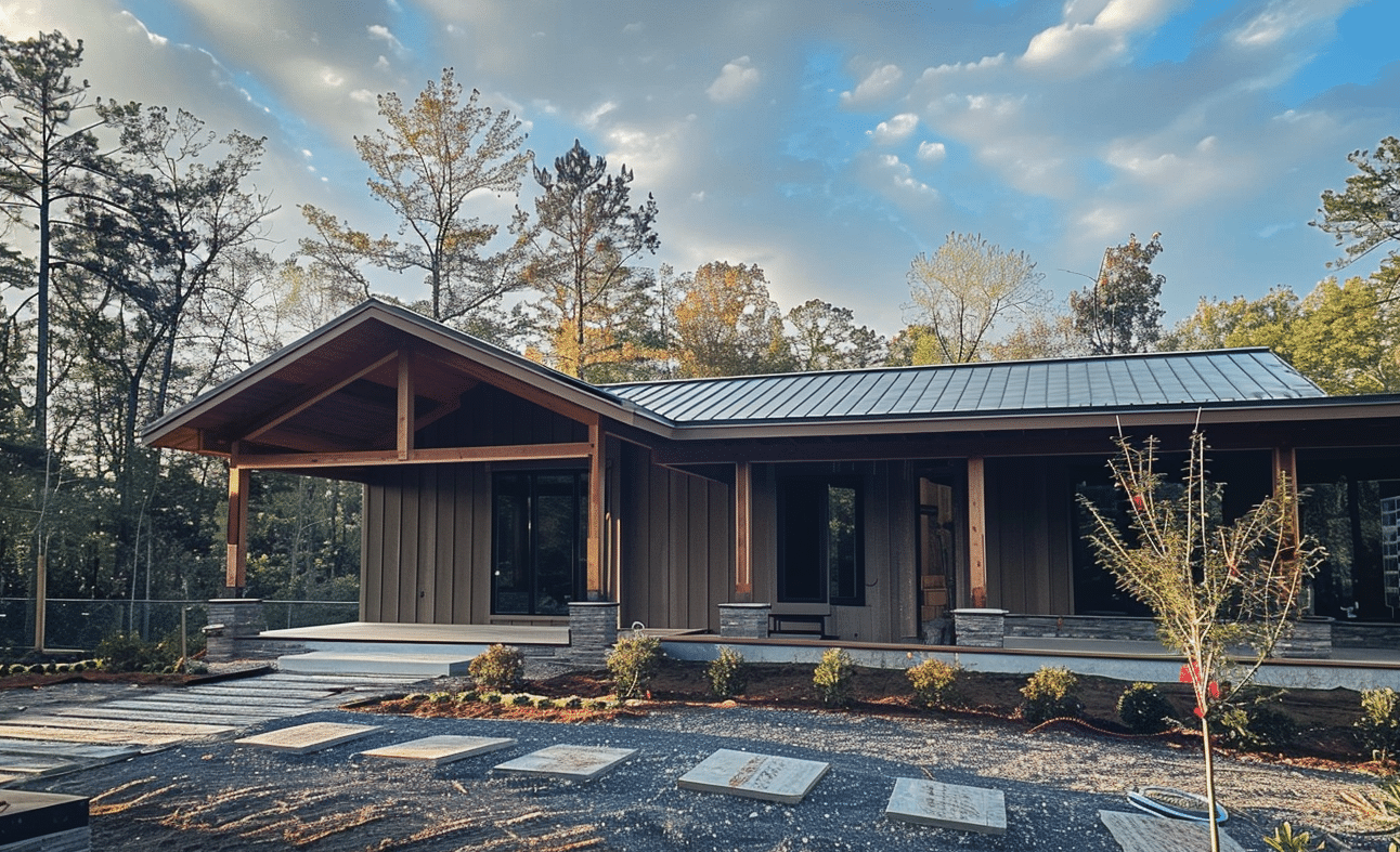 "Beginnings of barndominium construction among trees on a forest lot"
