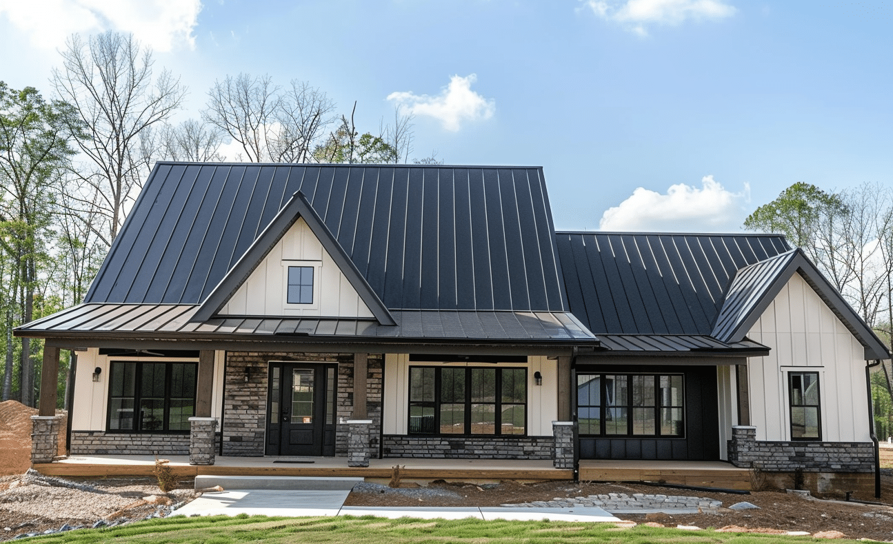 Modern barndominium design with sleek black metal roofing and siding.