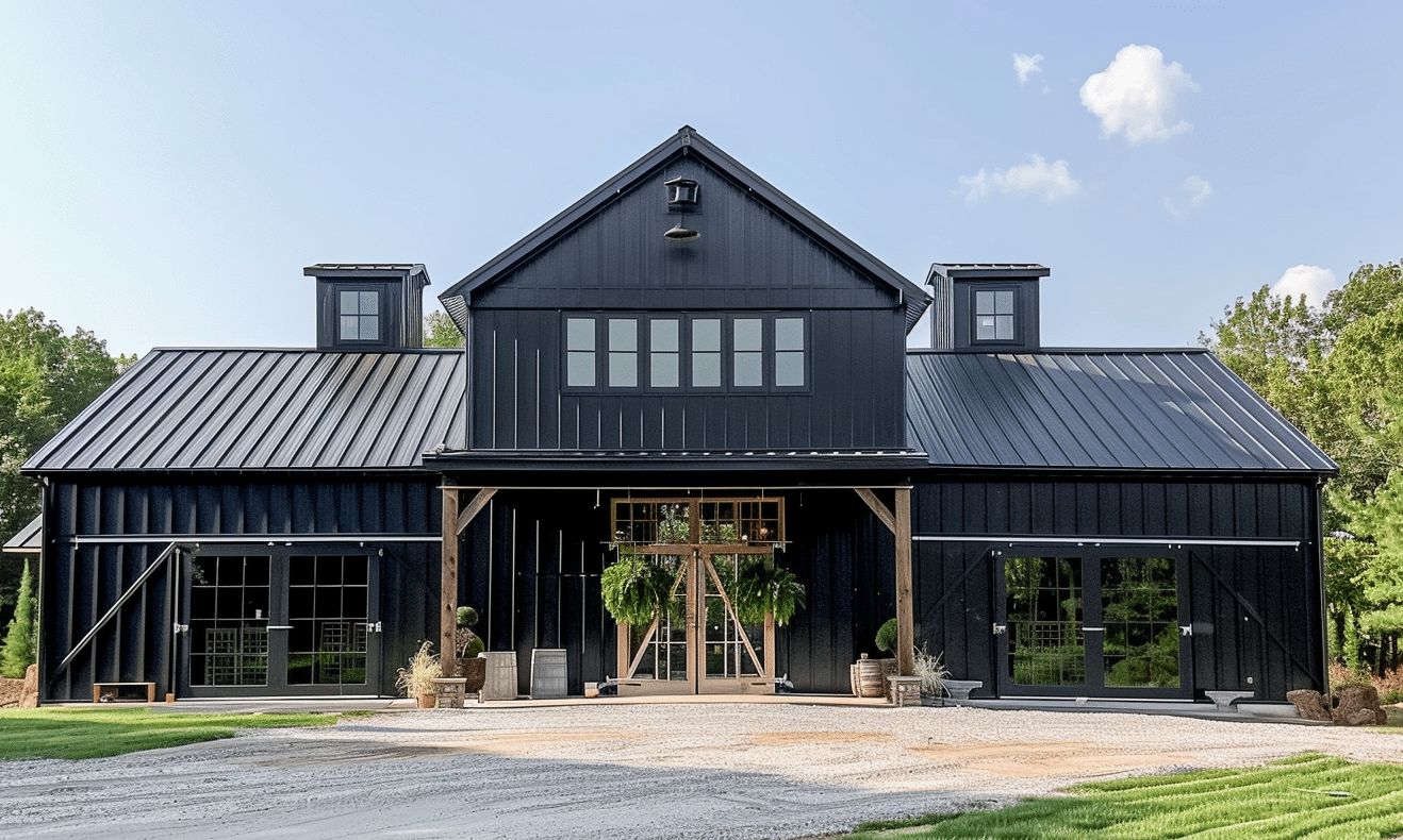 Rustic vintage barndominium featuring barn doors and exterior metal cladding.
