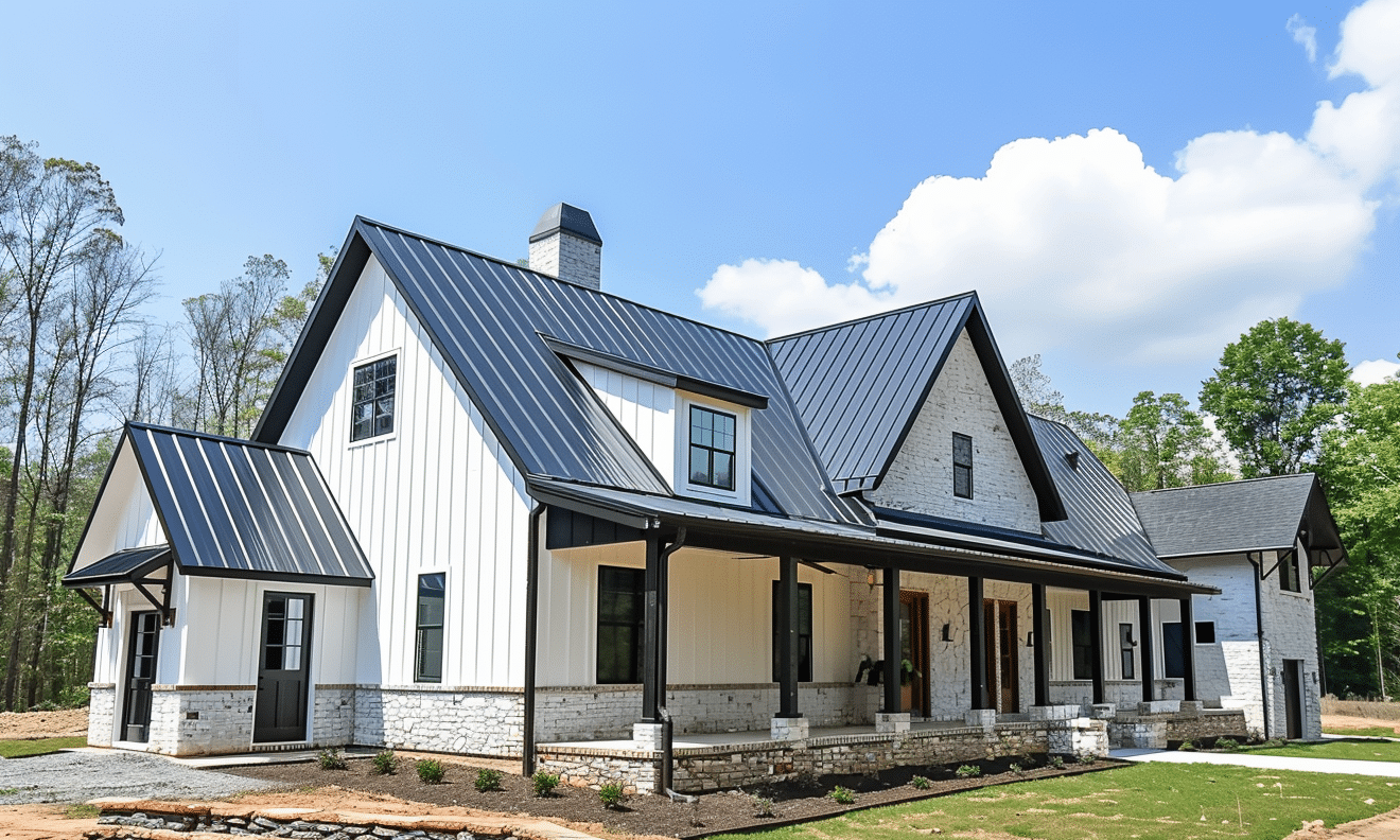 White and black barndominium home exterior with blue accents and shiny metal roof.