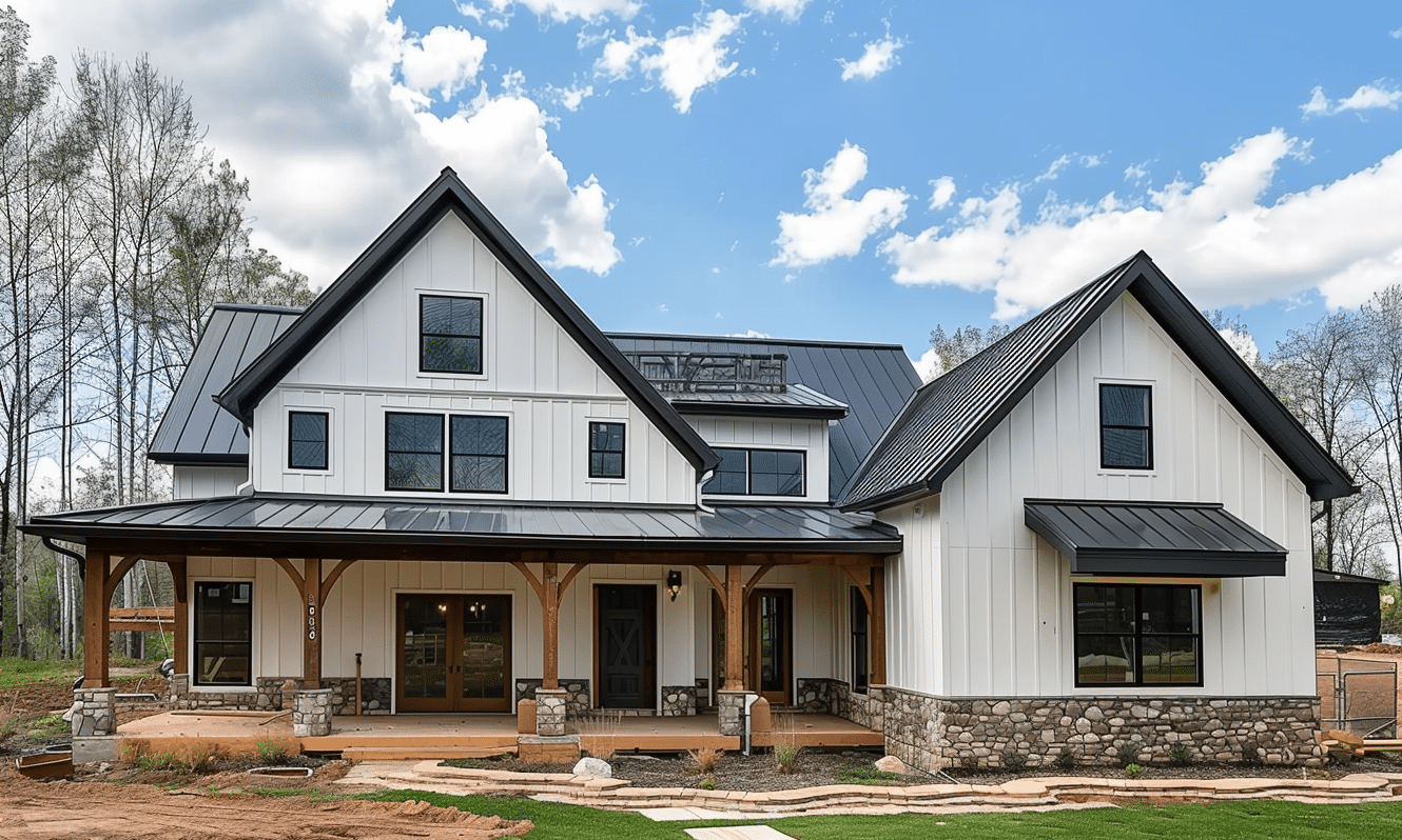 Modern barndominium with sleek metallic finish in a newly developed area